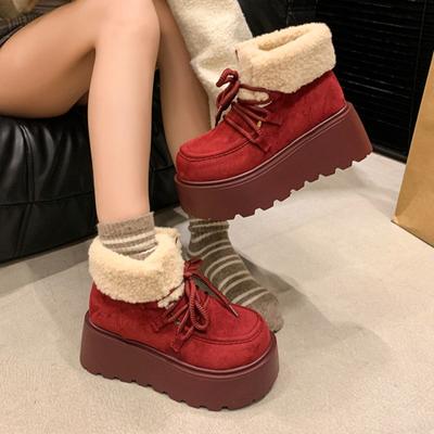 Модные меховые замшевые женские ботинки на платформе для снега на плоской подошве теплые плюшевые хлопковые туфли повседневные кроссовки зима 2025 трендовые женские ботинки на шнуровке