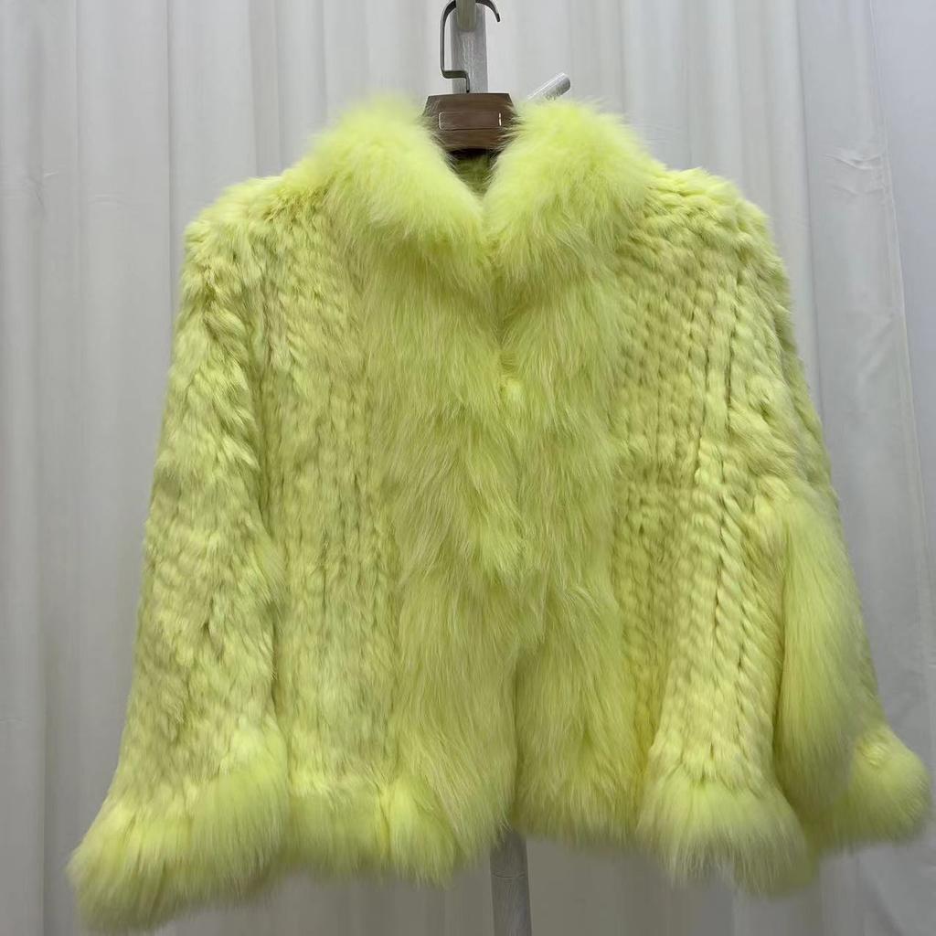 Real Rabbit Fur Braided Coat for Women Short Style Young Coat Fox Fur Bat Sleeve Shawl