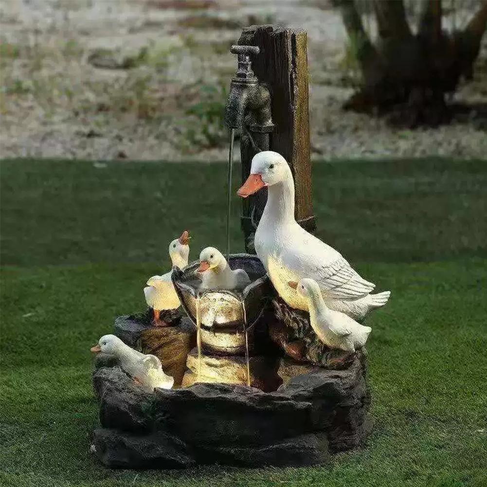 Garden Lighted Sculpture Solar Duck Squirrel Fountain Figurine Resin Duck Fountain Waterfall Statue Home Outdoor Landscape Decor