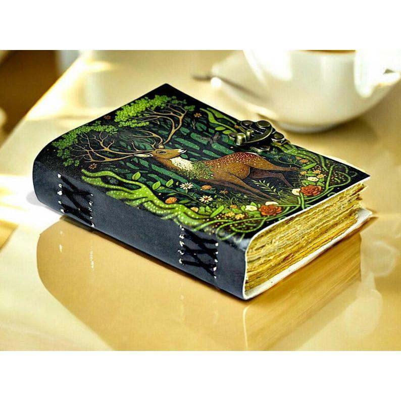 Винтажный кожаный журнал: Принт с оленями, бумага с рваным краем, Книга Теней