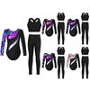 Girls Gymnastics Outfit Set Long Sleeve Metallic Patchwork Printed Leotard Cross Back Vest and Leggings