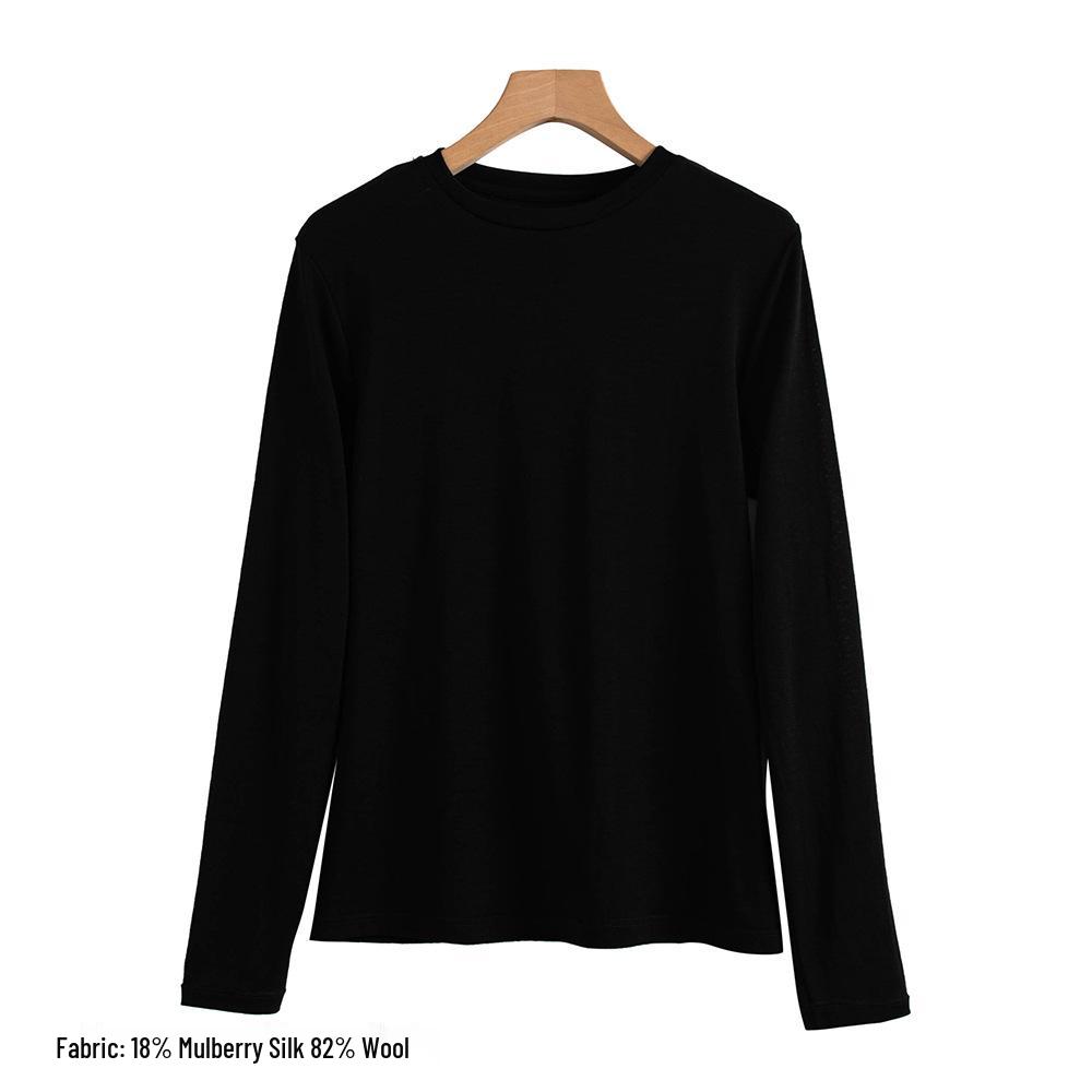 Осень 2025 Приталенная футболка с круглым вырезом из шелковой шерсти - Теплая, приятная к коже, однотонная