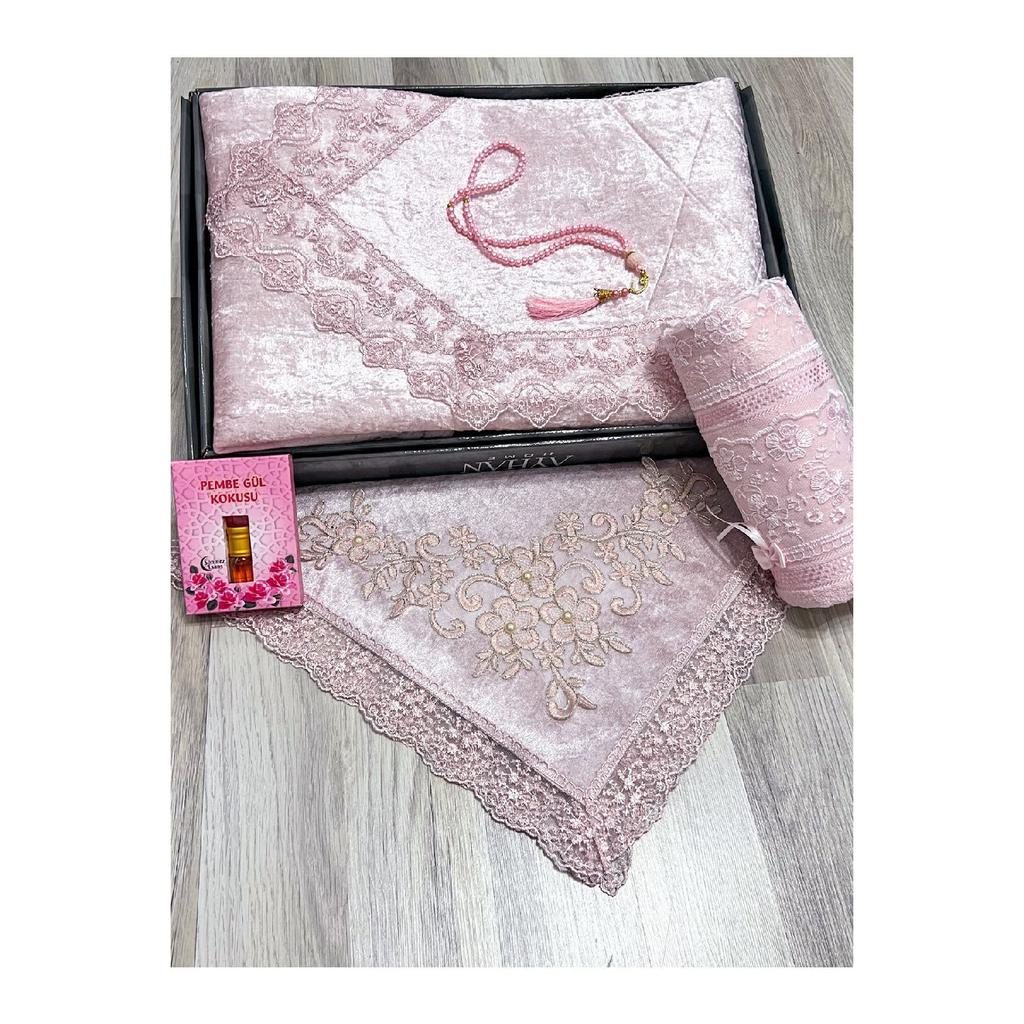 5 Piece Prayer Mat Set, Dowry Bundle Boxed, Velvet Laced Bride And Groom Set