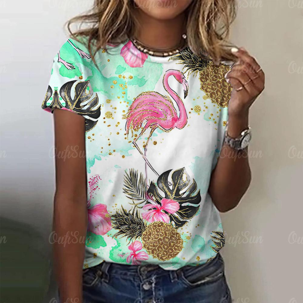 Футболки с принтом 3D фламинго, модные, с круглым вырезом, повседневные, женские, повседневные, женские, топы Harajuku для девочек, с коротким рукавом, свободная женская одежда