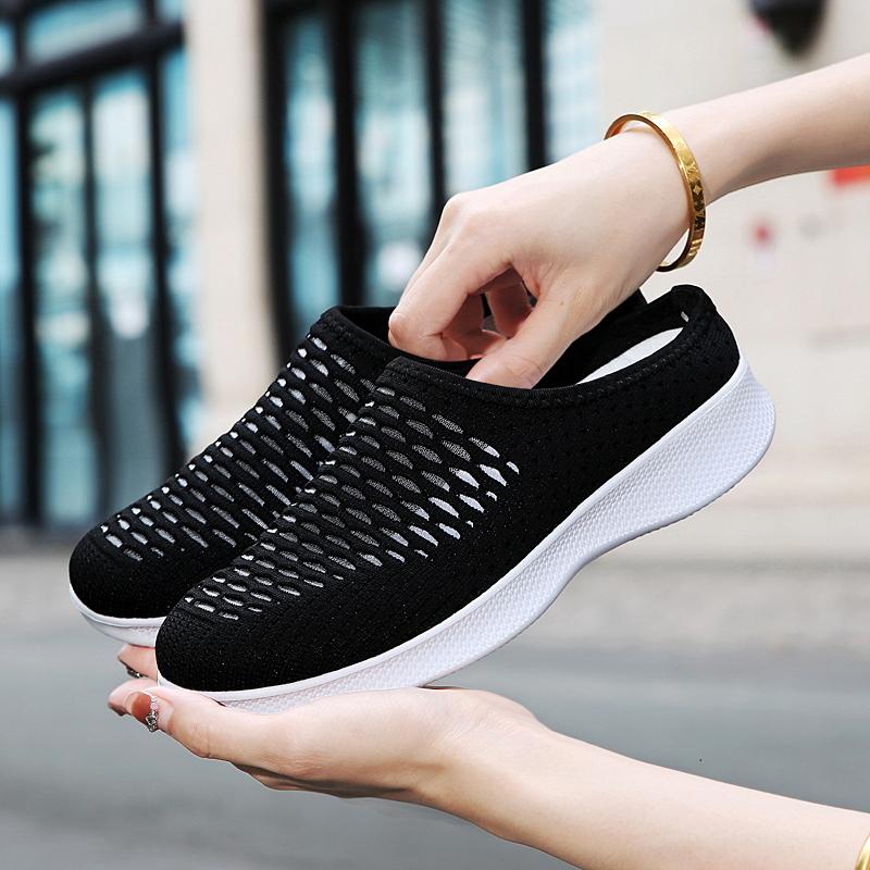 Модные летние новые женские легкие полутапочки с сетчатой поверхностью, нескользящие, для отдыха, спорта, для мам, плоская прогулочная женская обувь