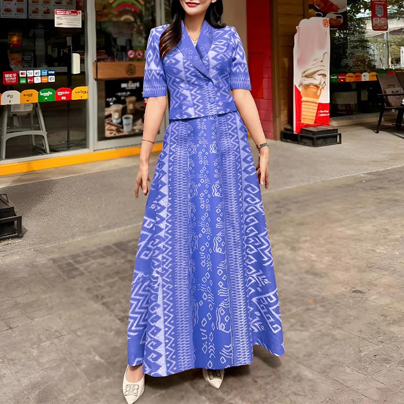 ZANZEA Женская блузка с коротким рукавом и длинная юбка, костюм-двойка с ретро-принтом
