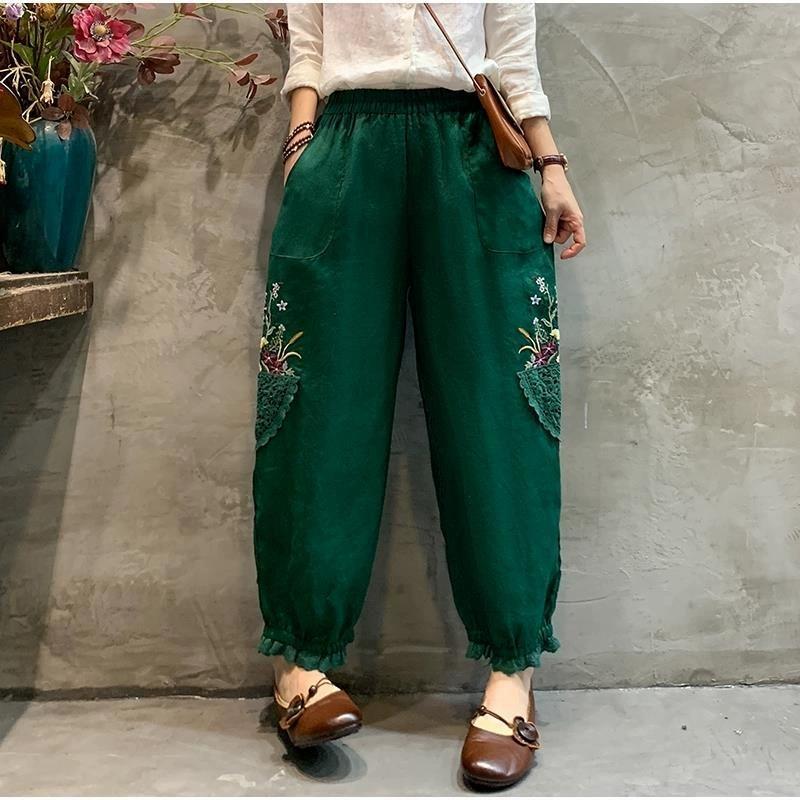 Женские летние винтажные вышитые лоскутные брюки кружевные фонарики Nine Minute брюки