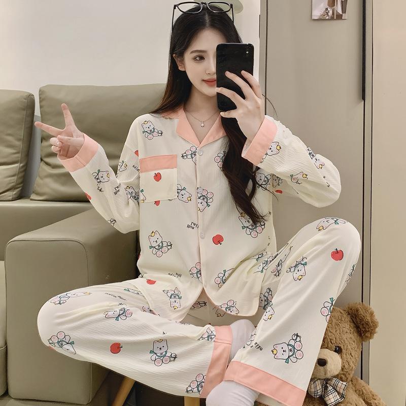 ins style girlish pajamas women's spring and autumn long-sleeved sweet bow full print casual loungewear set