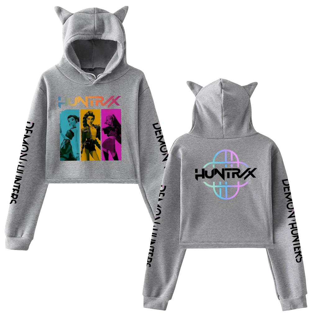 Kpop Истребители демонов Кроп-топы Кошачьи ушки Двусторонние Кроп-топы с длинным рукавом Модная толстовка для девочек