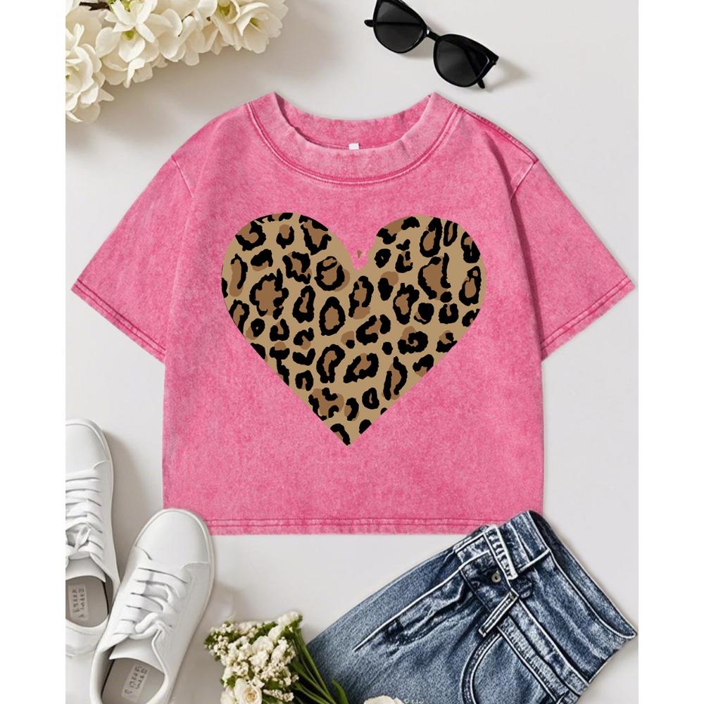 Simple Leopard Print Heart Printing Women Washed T Shirts Trendy Casual T-Shirts Short Sleeve Cotton Crop Tops
