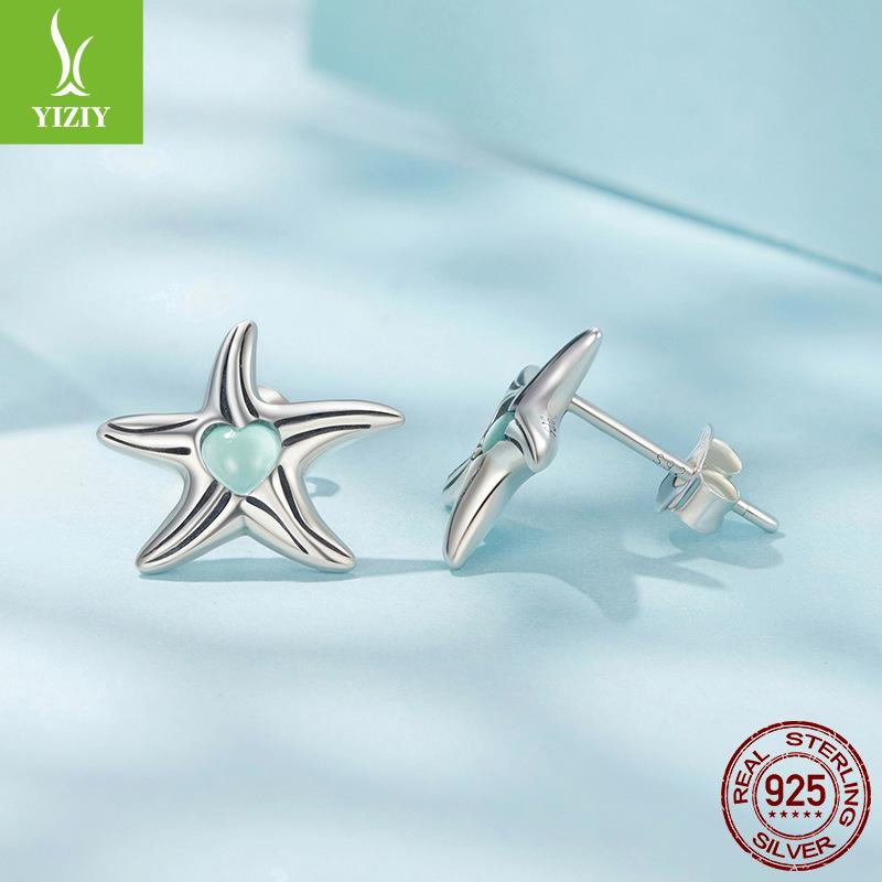 Серьги-пусеты 'Морская звезда' с инкрустацией симфоническим камнем, серебро S925, трансграничная модная бижутерия для ушей