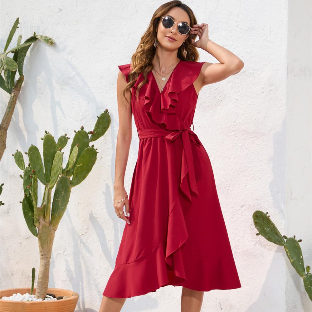 GUMXIA женские модные летние весенние однотонные повседневные платья с длинным рукавом и v-образным вырезом и высокой талией