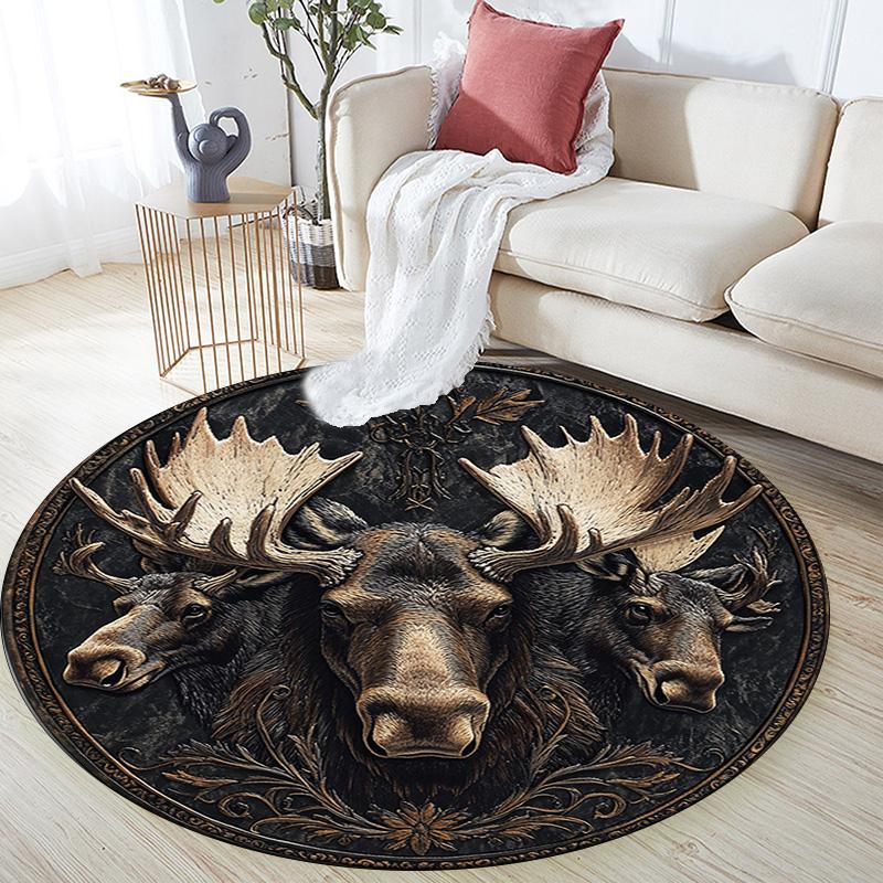 Moose Round Area Rug,Carpet Rug for Living Room Bedroom Sofa Playroom Decor,Non-slip Floor Mat