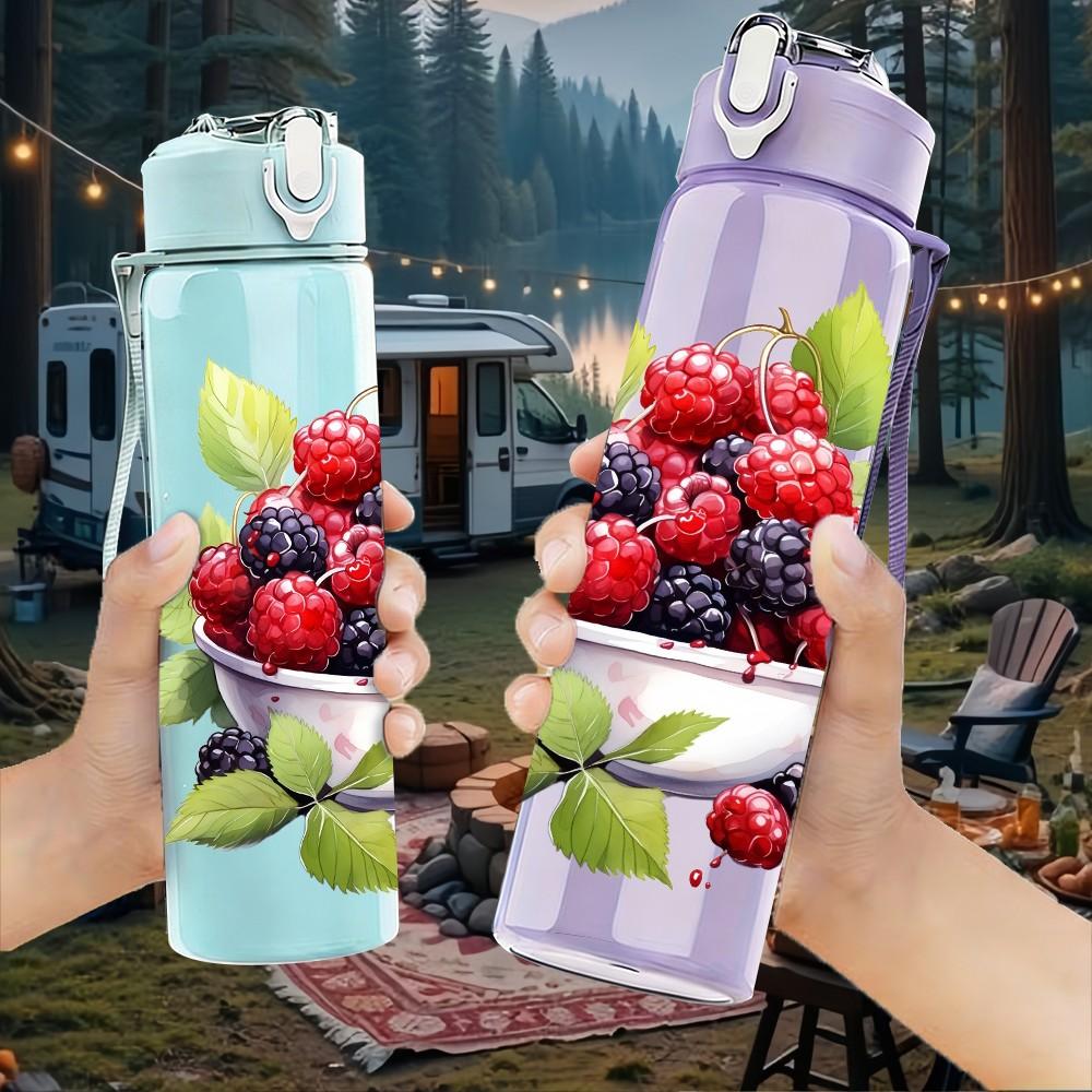 1PC Red Berry Fruit Bowl Print 750ml Color Plastic Sports Water Bottle Leakproof Flip Straw Lid Suitable for Sports Office Home Use