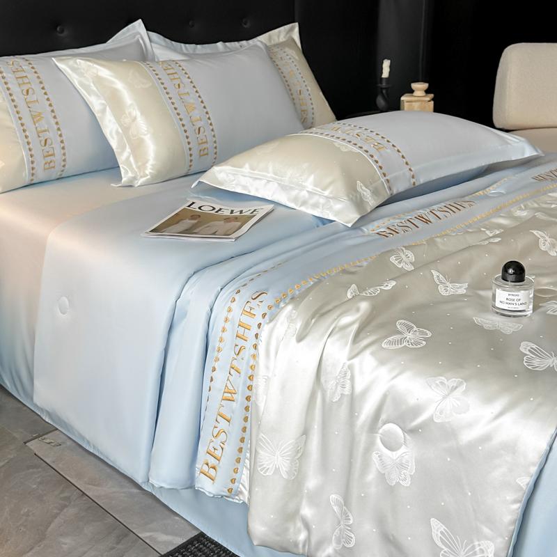 Sleepy Grace Ice Silk Embroidered Splicing Jacquard Water Washed Tencel Summer Quilt Set of Four