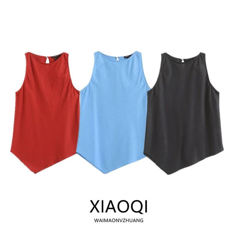 Fashion Style 2024 Summer New Arrival Women's Sleeveless Versatile Elegant Graceful Asymmetrical Design Ramie Sleeveless Shirt