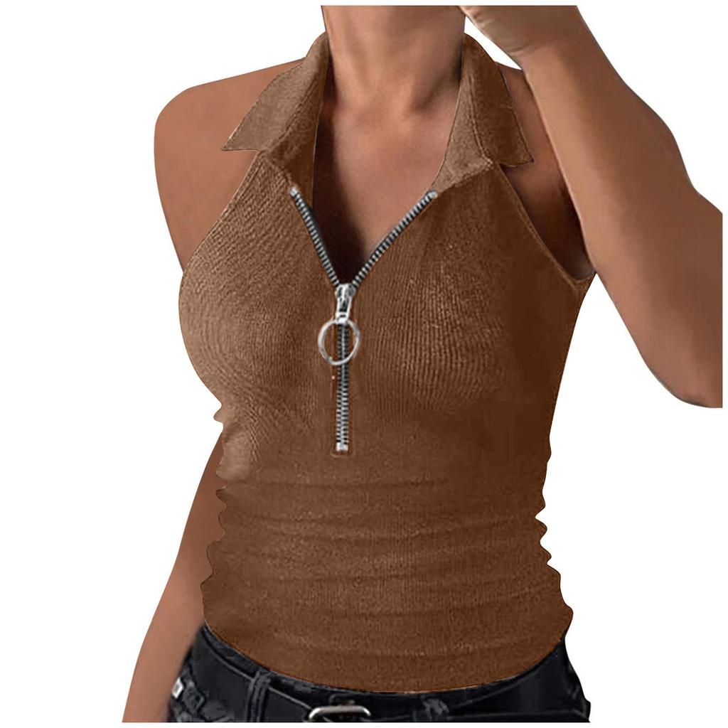 Женский жилет с воротником, летняя майка, ребристая, на половину молнии, с V-образным вырезом, тонкая укороченная рубашка без рукавов