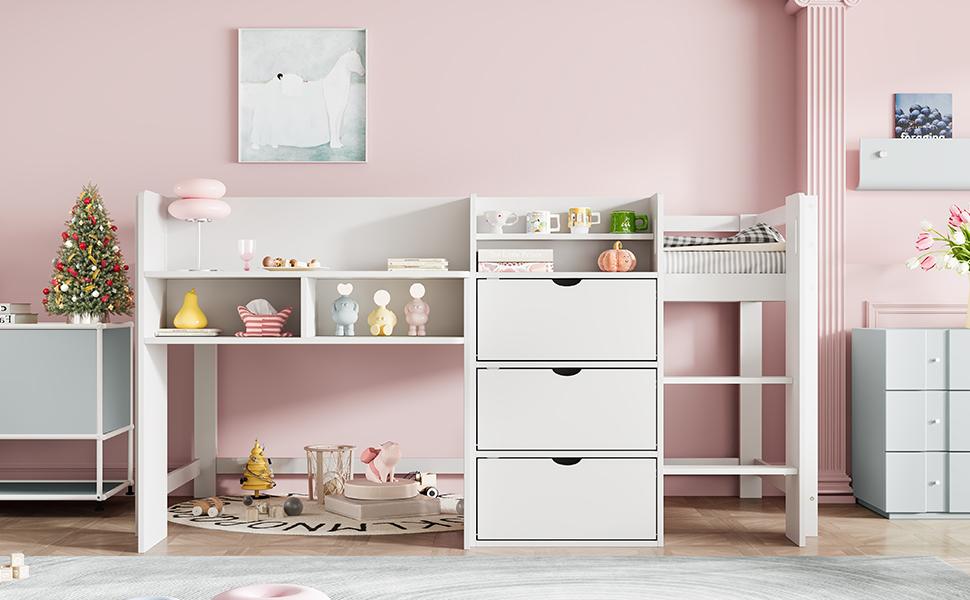 Half-high bed, 90x200 cm, house shape, multiple storage compartments, entertainment area under the bed, without mattress, white