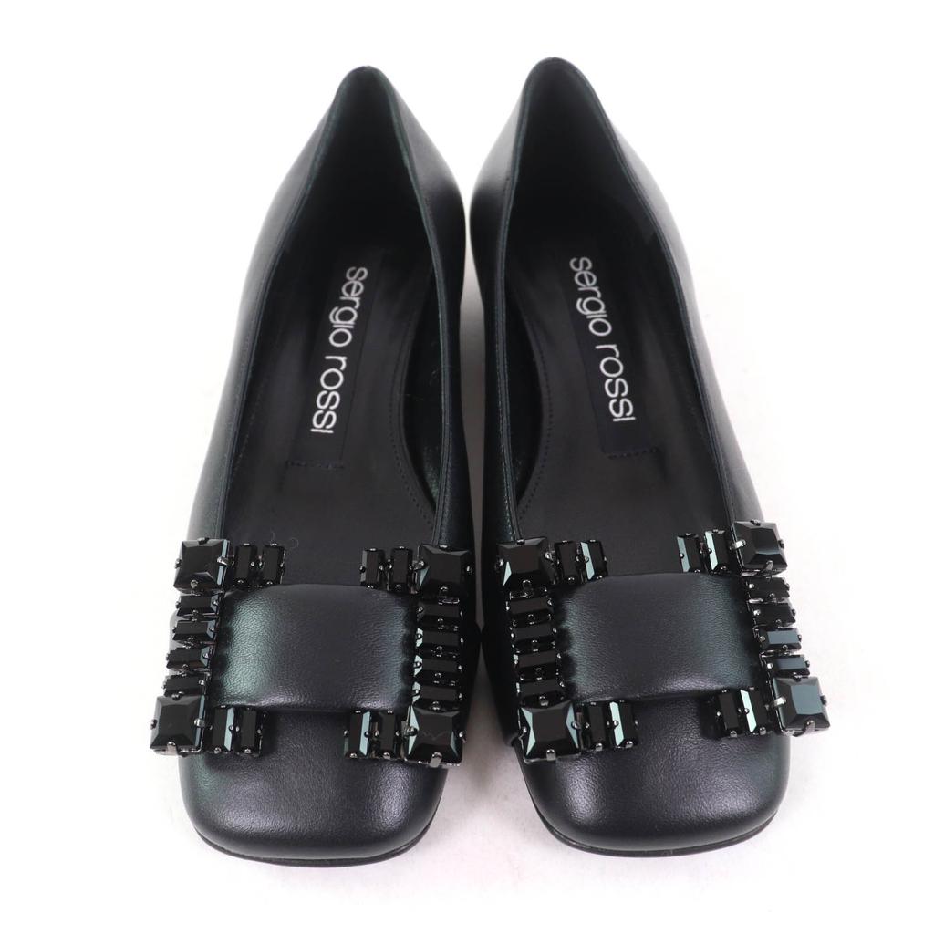 Pristine Sergio Rossi pumps SR PRINCE Jeweled square toe leather black leather Used