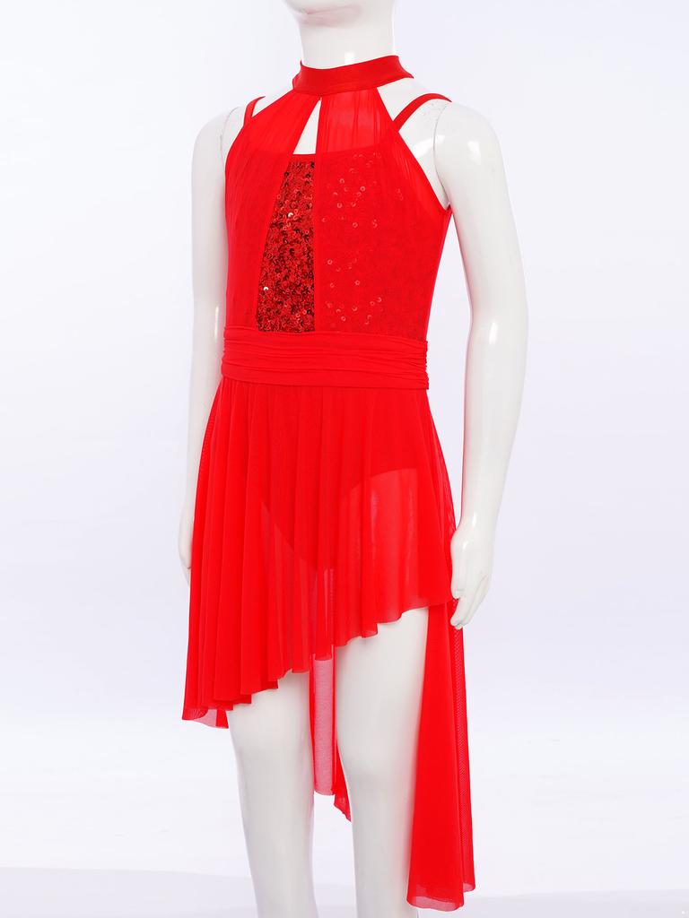 Girls Lyrical Performance Costume Shiny Sequins Sleeveless Asymmetrical Dance Dress with Sheer Mesh Skirt