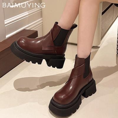 Женские ботильоны на платформе, кожаные, на среднем каблуке, модная обувь 2025 года, трендовые зимние классические туфли-лодочки на толстой подошве, гладиаторские мотоциклетные ботинки