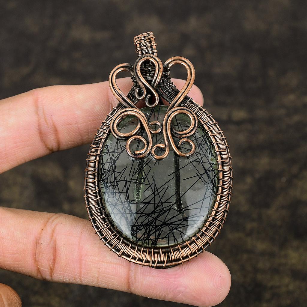 Natural Black Rutile Gemstone Handmade Copper Wire Wrap Pendant 3.15 u6A18