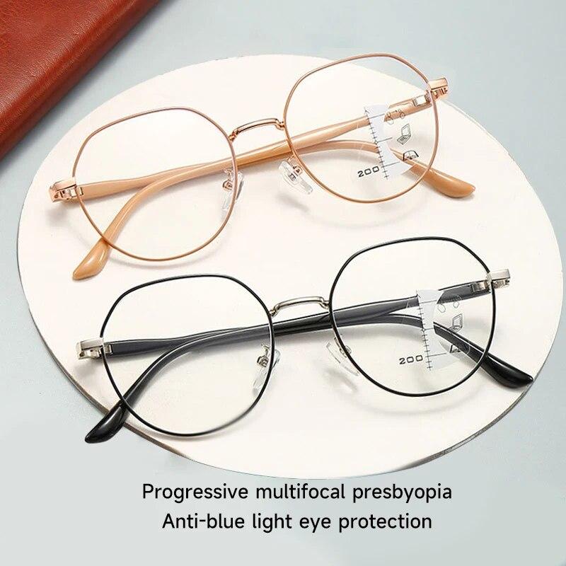 Retro Round Frame Reading Glasses Far And Near Dual-use Women Men Progressive Multi-focus Anti-blue Light Presbyopic Eyeglasses