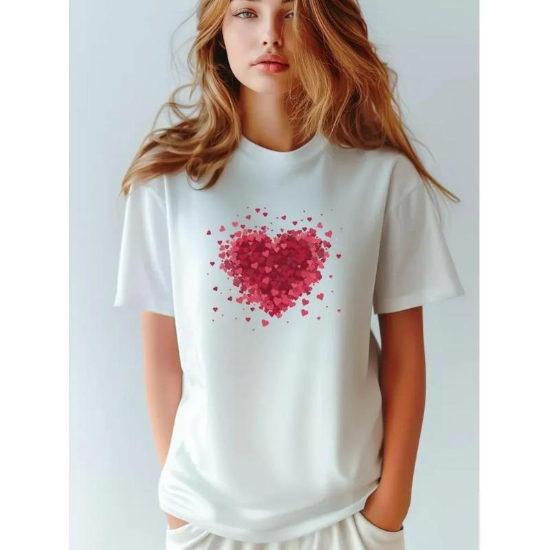 Summer Round Neck Heart-shaped Printed Top Fashionable Casual Short Sleeved Pure Cotton Women's T-shirts