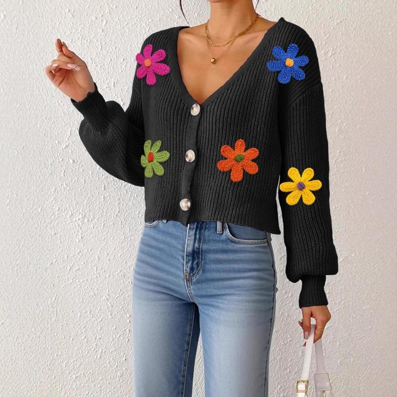 Women's Autumn Winter New Three-dimensional Embroidery Colorful Flower Splicing Button Cardigan Sweater Short Jacket