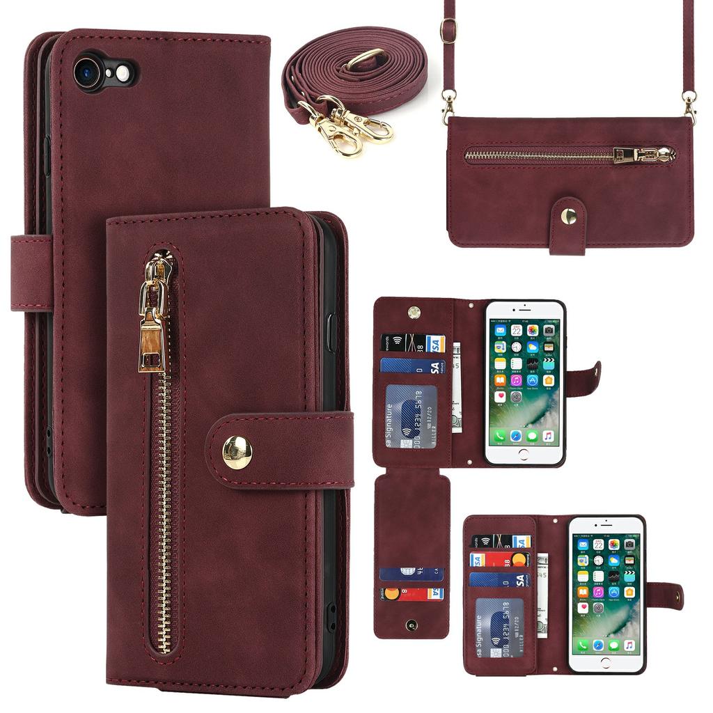 Stand Case for iPhone SE (2022)/(2020)/8/7 PU Leather Phone Cover with Straps/Zipper Wallet/Multiple Card Slots