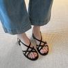 Spot~~ Stepping on shit thick heel thin strap Roman sandals women's summer new wear retro middle heel cross with slippers