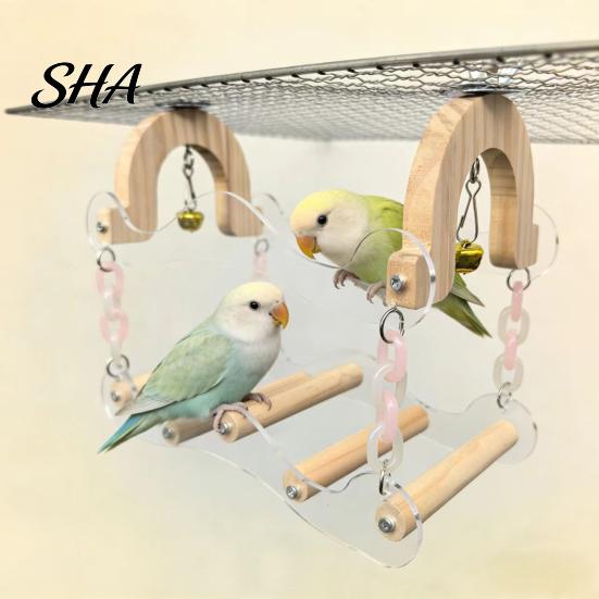 Parrot Foot Perch Swing Toy, Bird Cage Perch, 5 Wooden Poles, Acrylic Toy with Bell Frame Bells for Small Medium Parrots Budgies Cockatiels