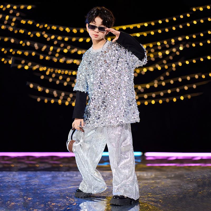 Kids Hip Hop Dance Outfit With Sequins Sparkle Jacket Street Performance Costume Boys Girls