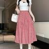 Women Midi Skirt Plaid Print Stitching Design A-Line Skirt Elastic High Waist Retro Style Swing Skirt Daily Wear