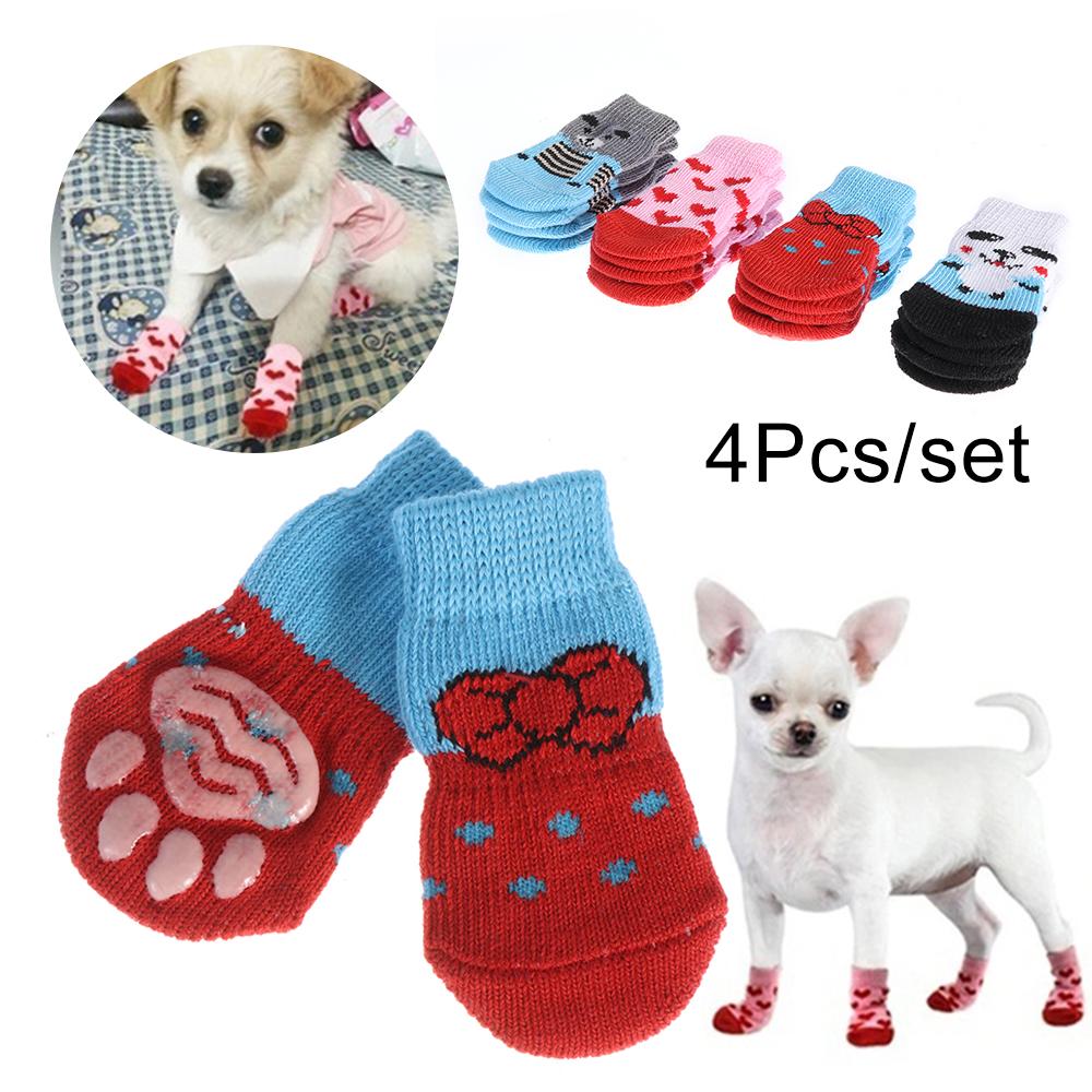 4Pcs/set Paw Protectors Candy Color Cats Shoe Dog Shoes Knitted Socks Puppy Boots Anti-Slip