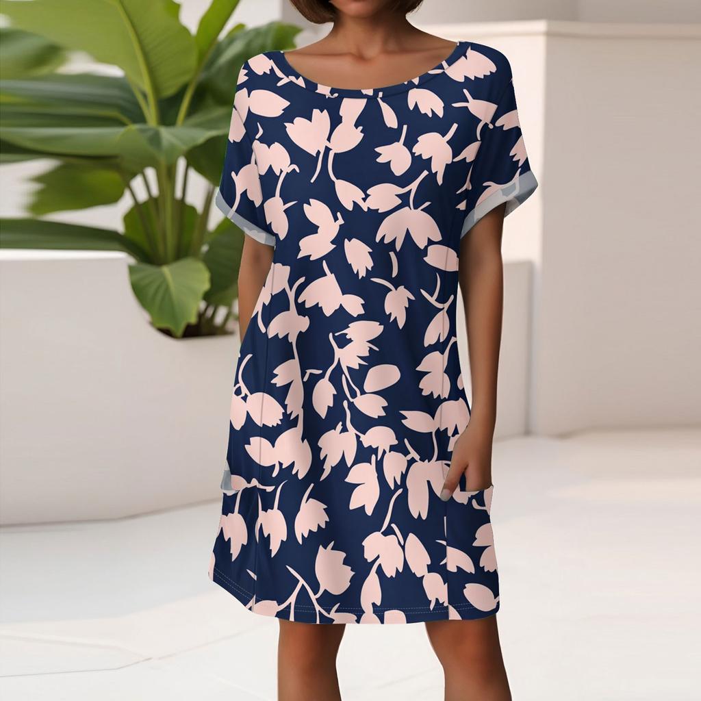 Women's Fashion Short Sleeve Dress With Pockets Floral Print Casual Beach Dress