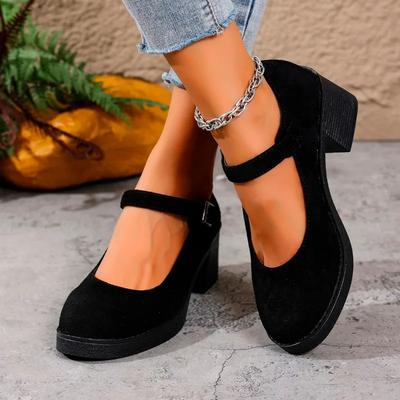 Мода 2025 Большой размер Мэри Джейн Женские туфли на высоком каблуке Круглый носок Ремешок с пряжкой Массивный каблук Неглубокие туфли-лодочки для Ретро Офиса и Карьеры