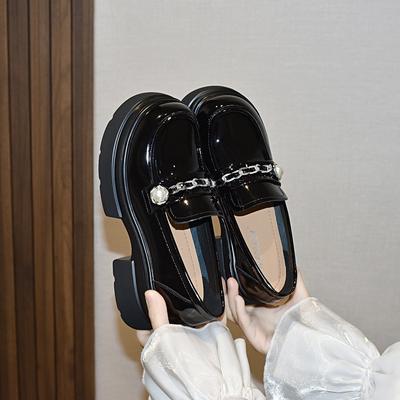 Женские туфли на платформе, весенние новые туфли-мюли с жемчужной отделкой, женские кожаные туфли в стиле колледжа, черные