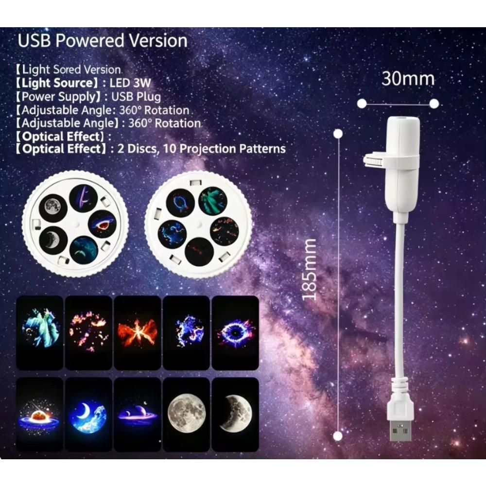 USB Planet Starry Sky Projector Light LED Night Light 360° Adjustable Gooseneck Replaceable Slides 5/10/15 Patterns Home Decor