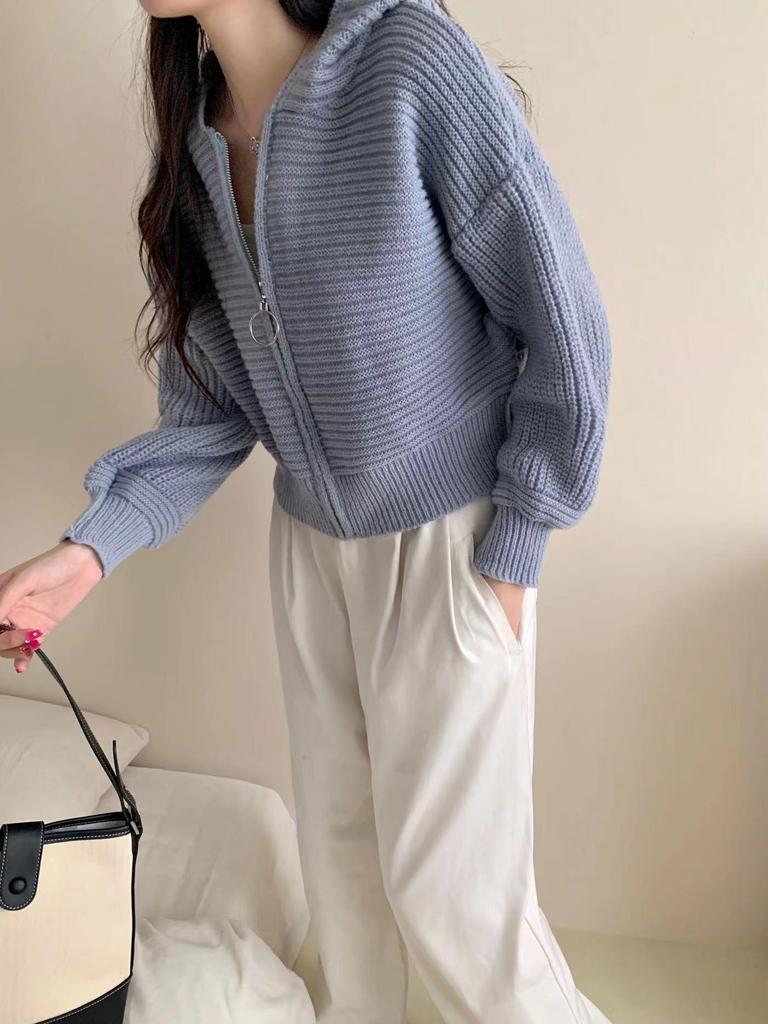 New Korean Lazy Style Loose Zipper Lapel Sweater Jacket, Versatile Knitted Cardigan for Women