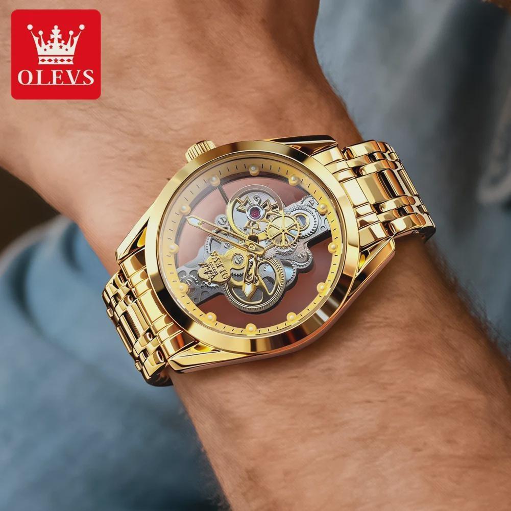 OLEVS Men's Fashion Hollow Skeleton Quartz Wrist Watch Stainless Steel Bracelet Waterproof Luminous Hands Luxury Casual Male Watch