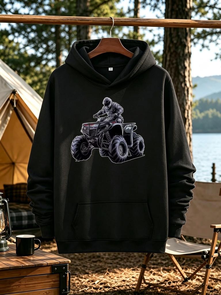Men's ATV Off-Road Rider Print - Loose Fit Cotton Blend Hoodie with Kangaroo Pocket Outdoor Streetwear Suitable for Motorcycle Rid