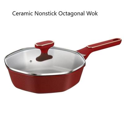 Керамический восьмиугольный вок с антипригарным покрытием, 11-дюймовые литые индукционные сковороды и сковороды для перемешивания со стеклянной крышкой, не содержащие ПФОК