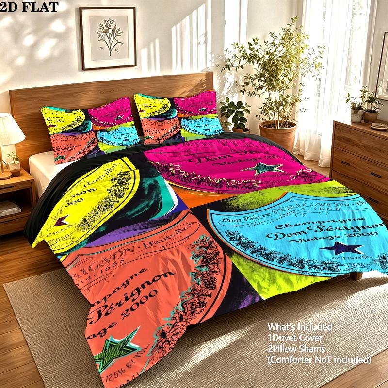Dom Perignon Pattern Bedding Set Quilt Cover Pillowcase Home Decor Gift (1 * duvet cover + 2 * pillowcase, without core)