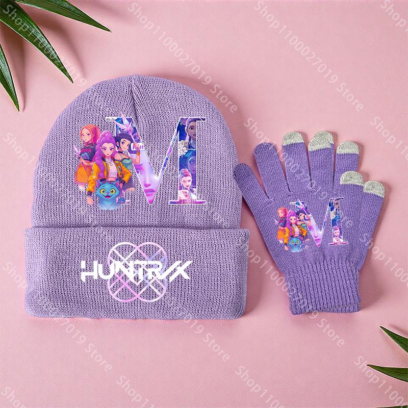 K-Pop Demon Hunters Girls Children Knitted Hat Gloves Cute Cartoon Letter Warm Cap Screen Gloved Kids Birthday Gifts 2PCS A Set
