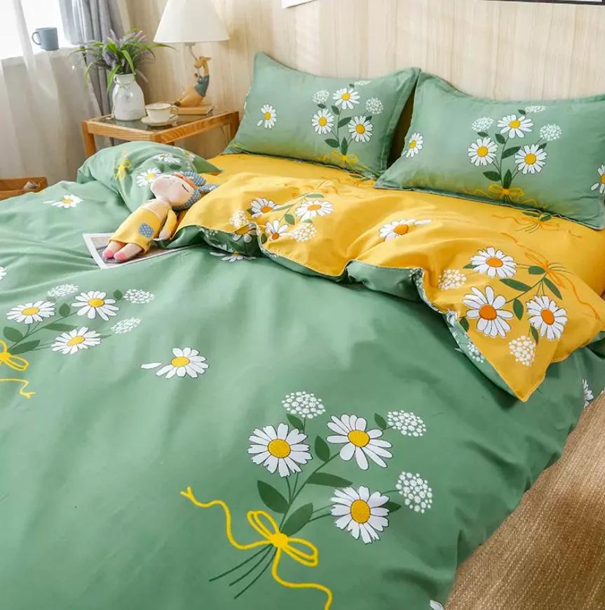 Flower Bedding Set Duvet Cover + Flat Sheet +2pc Pillowcase Double Bed Linens Twin Queen King Full Size Skin Friendly Kids B89
