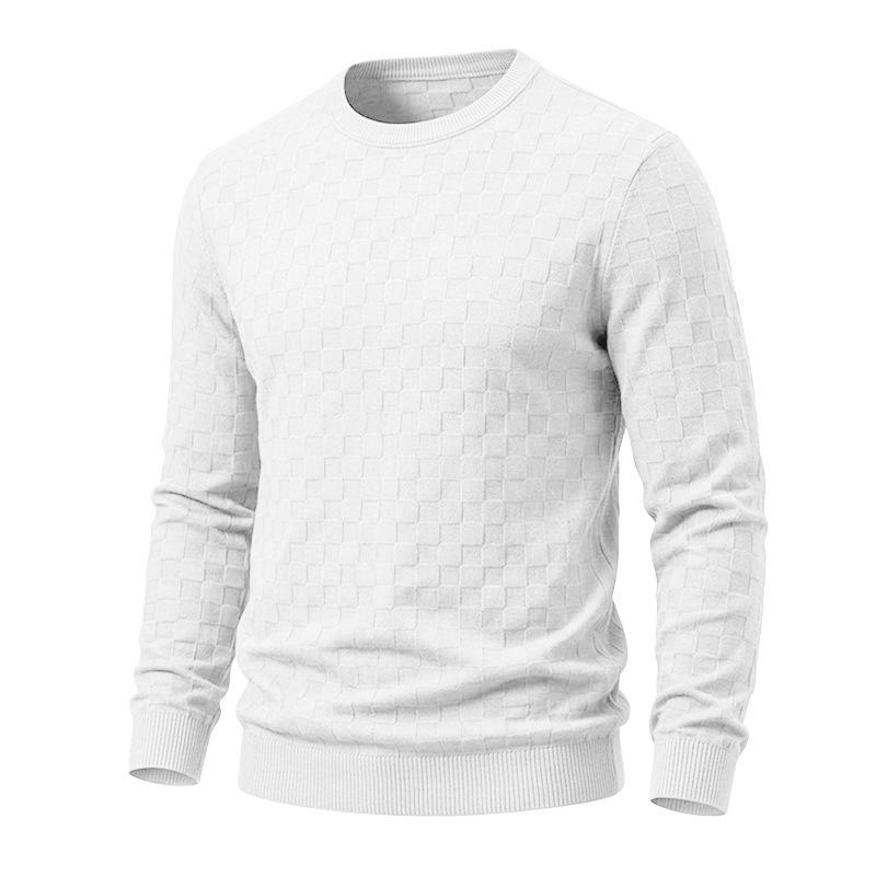 Men S Round Neck Long Sleeve Knitted Sweater Checkered Jacquard Casual Pullover