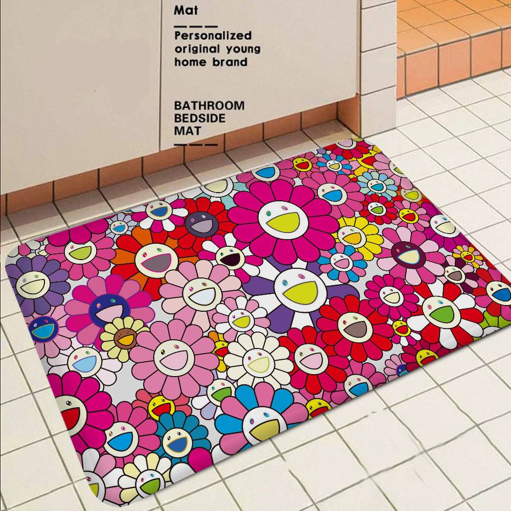 Flower T-Takashi Art M-Murakami Door Mat Washable Non-Slip Living Room Sofa Chairs Area Mat Kitchen Bedside Area Rugs