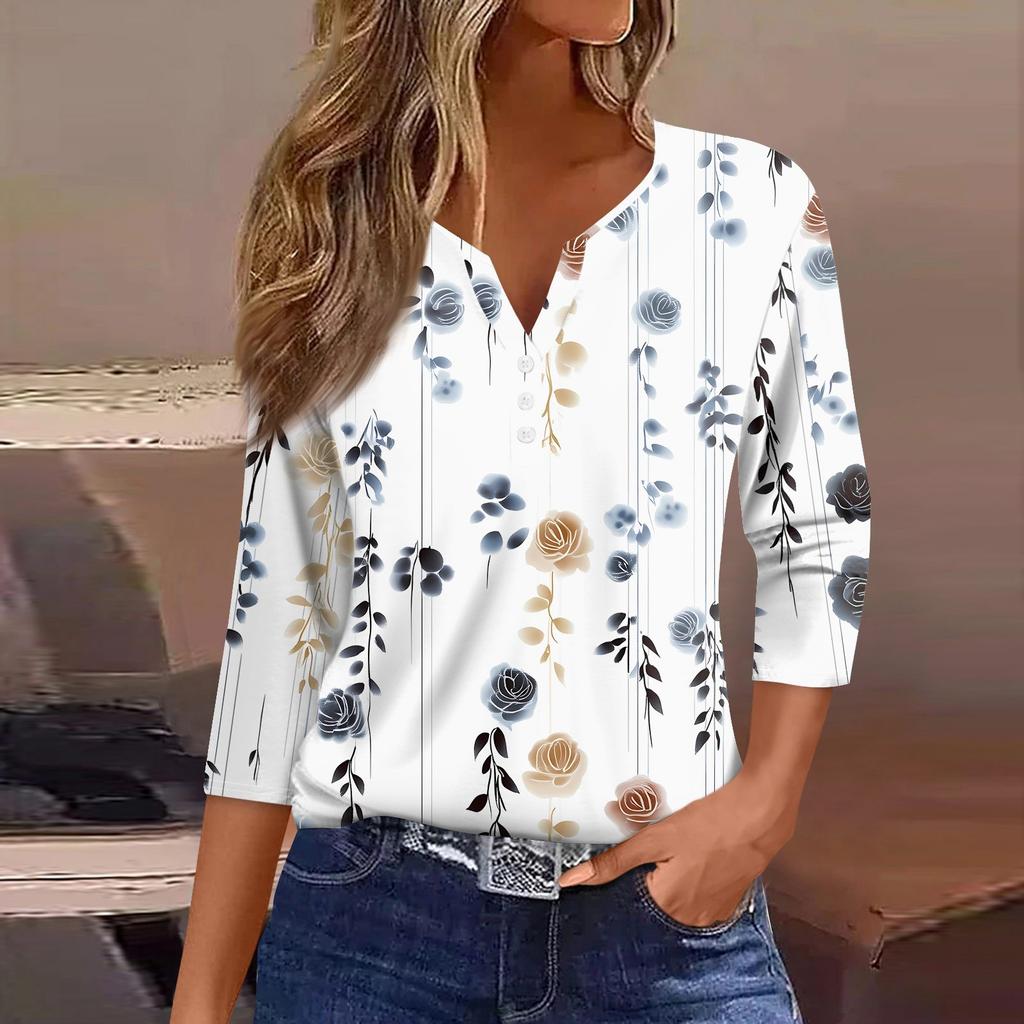 Women's T Shirt Print Button 3/4 Sleeve Daily Weekend Fashion Basic V- Neck Regular Top