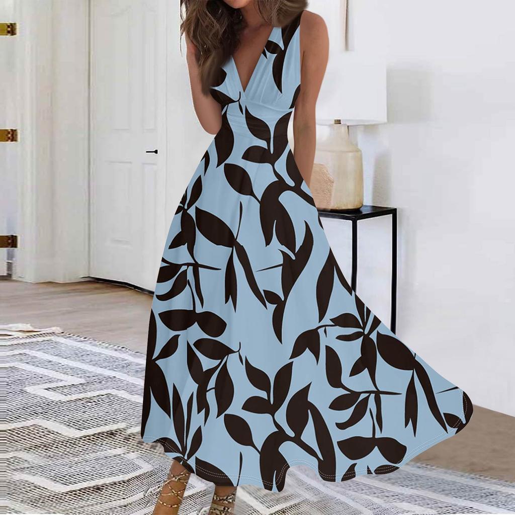 Женские модные повседневные свободные платья с V-образным вырезом без рукавов с принтом